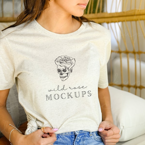 Bella Canvas 3413 Oatmeal Triblend Mockup, T Shirt Mockup, Model Mockup, Boho Mockup