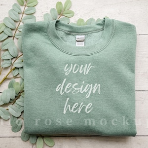 Gildan 18000 Heather Green Sweatshirt Mockup, Flat Lay with Branch, Blank Green Sweatshirt, Crewneck Flatlay Mock Up