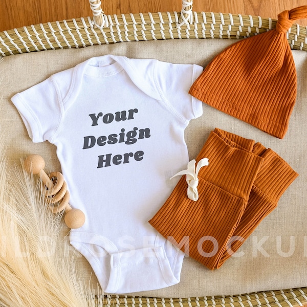 White Baby Onesie Mockup, Rabbit Skins Mockup, Fall Boho Baby Clothes Mock, Baby Mock-up Stock Photo, Onesie Flat Lay Mockup, Baby Vest Mock