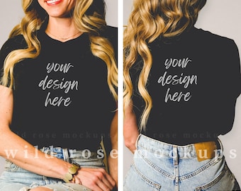 May include: A black t-shirt mockup with the text "your design here" on the front and back. The model is wearing blue jeans.