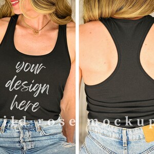 May include: Black racerback tank top mockup with the text "your design here" on the front. The model is wearing blue jeans.