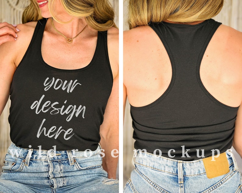May include: Black racerback tank top mockup with the text "your design here" on the front. The model is wearing blue jeans.