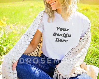 Bella Canvas White Tshirt Model Mockup,  White T Shirt Mockup, Boho Spring Summer Fall Tshirt Mockup