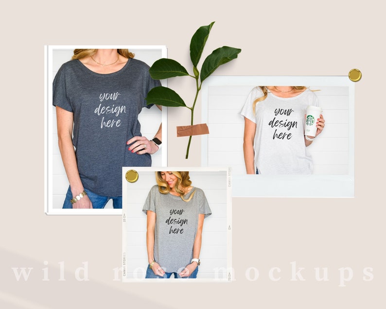 May include: Three t-shirts in dark gray, white, and light gray, each featuring the text 'your design here' in a script font. The shirts have short sleeves and a scoop neckline. A green leafy branch is positioned between the shirt images.