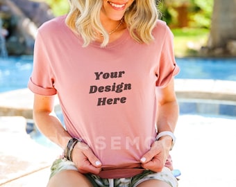 Bella Canvas 3001 Model Mockup, Bella Canvas T Shirt, Modeled Mauve Tshirt, Summer Tshirt Mock, Poolside T-Shirt Model Mock