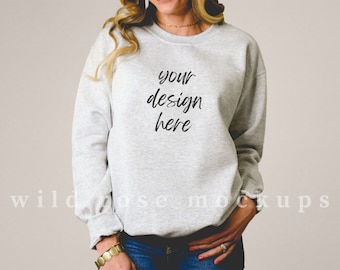 Gildan 18000 Sweatshirt Model Mockup, Gildan Ash Grey Model Mock, Ash Gray Crewneck Sweatshirt Mock Up