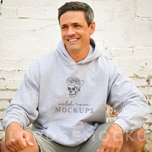 Gildan Hoodie Mock, G185 Mockup, Male Model Mock, Man Model Sport Grey Hoodie