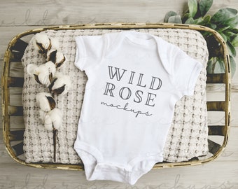 White Baby Onesie Mockup, Rabbit Skins Mockup, Modern, Farmhouse Baby Clothes Mock, Baby Mock-up Stock Photo, Onesie Flat Lay Mockup