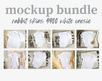 White Baby Bodysuit Mockup Bundle, Rabbit Skins 4400 Mockup, White Onesie Mock Up Bundle, Baby Vest Flat Lay Mock