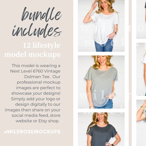 May include: A digital bundle of 12 lifestyle model mockups featuring the Next Level 6760 Vintage Dolman Tee in various colors. The text reads bundle includes 12 lifestyle model mockups, Next Level 6760 Vintage Dolman Tee, and @WILDROSEMOCKUPS.