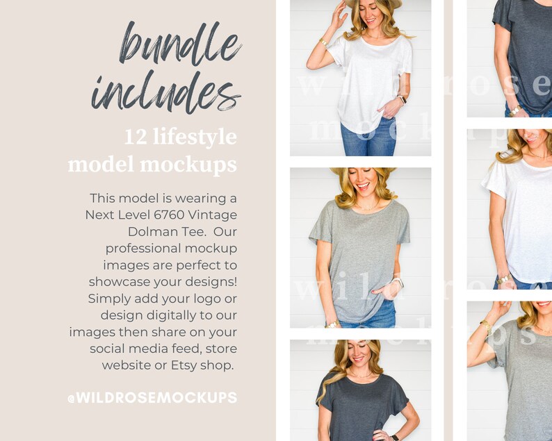 May include: A digital bundle of 12 lifestyle model mockups featuring the Next Level 6760 Vintage Dolman Tee in various colors. The text reads bundle includes 12 lifestyle model mockups, Next Level 6760 Vintage Dolman Tee, and @WILDROSEMOCKUPS.