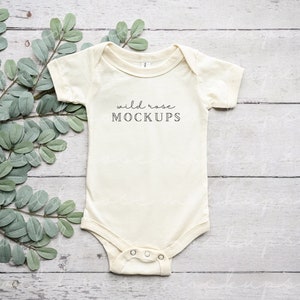Bella Canvas 100B, Baby Bodysuit Mockup, Greenery Branch Mockup, Baby Clothes Mock, Mock-up Photo, Onesie Flatlay, NATURAL
