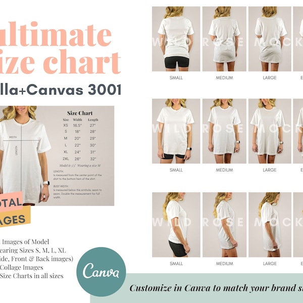 Bella Canvas Ultimate Size Chart | 3001 Size Chart | Modeled Mockup Size Chart | 3001 Modeled Size Guide | Front Back Side Model Mock