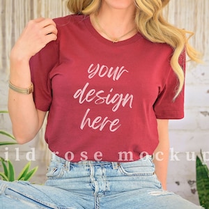 Bella Canvas 3001 Model Mockup, Maroon Tshirt Model Mock, Boho Styled Summer Shirt Mock Up, Modeled Blank T Shirt