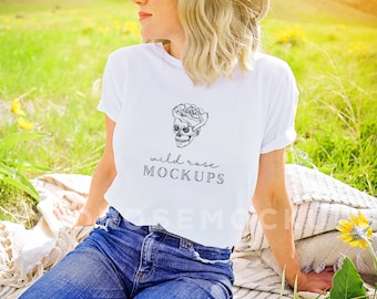 Bella Canvas White Tshirt Model Mockup,  White T Shirt Mockup, Boho Spring Summer Fall Tshirt Mockup