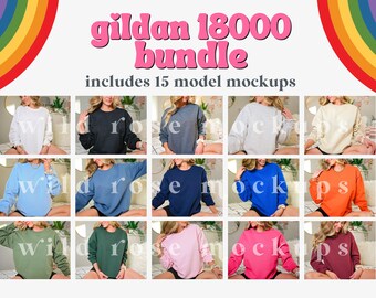 May include: A collection of 15 model mockups featuring Gildan 18000 sweatshirts in various colors, including white, black, grey, blue, pink, green, and red. The text "gildan 18000 bundle includes 15 model mockups" is displayed at the top of the image.