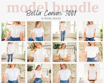 May include: A collection of 12 model mockups featuring a white t-shirt worn by different models in various poses and settings. The models are wearing jeans and are posed in a variety of settings, including a bedroom, a living room, and an outdoor setting. The t-shirt is a blank canvas for showcasing designs and branding.