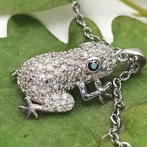 May include: A silver-toned frog pendant necklace. The frog is encrusted with small, clear crystals, with a blue crystal eye. The necklace chain is also silver-toned. The frog pendant is approximately 1 inch long.