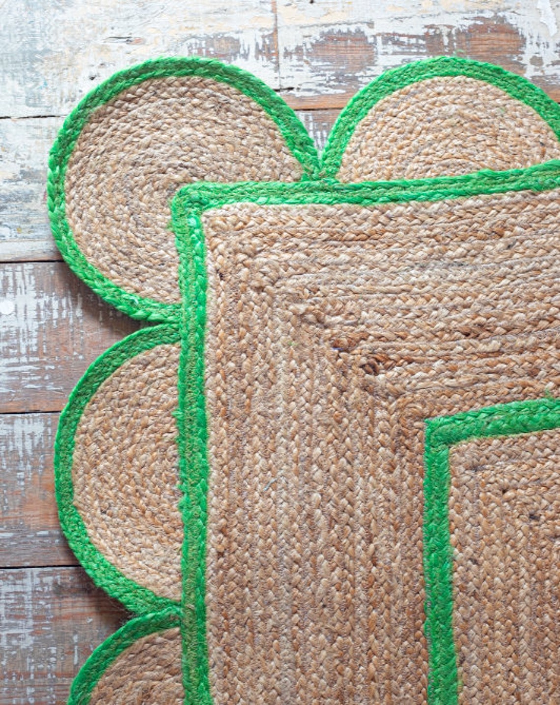 Scalloped Jute Green Border Rug Jute Boho Rug..Customise in Etsy