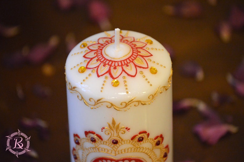 Pillar Candle decorated with henna design hand painted for PartyWeddingMehndiDiwaliHouse WarmingChristmasGift Favor /& Decor