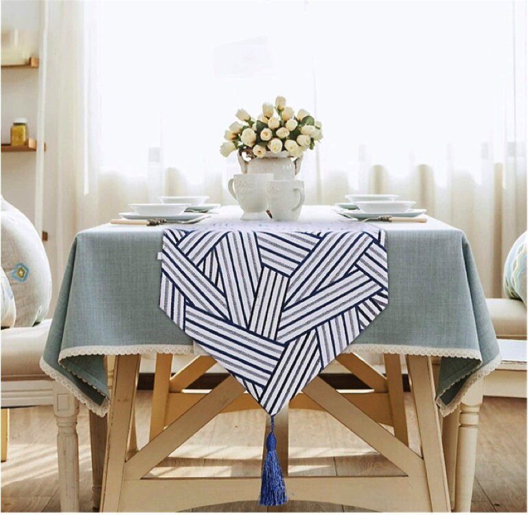 80 Table Runner Farmhouse Blue and White Geometric Etsy