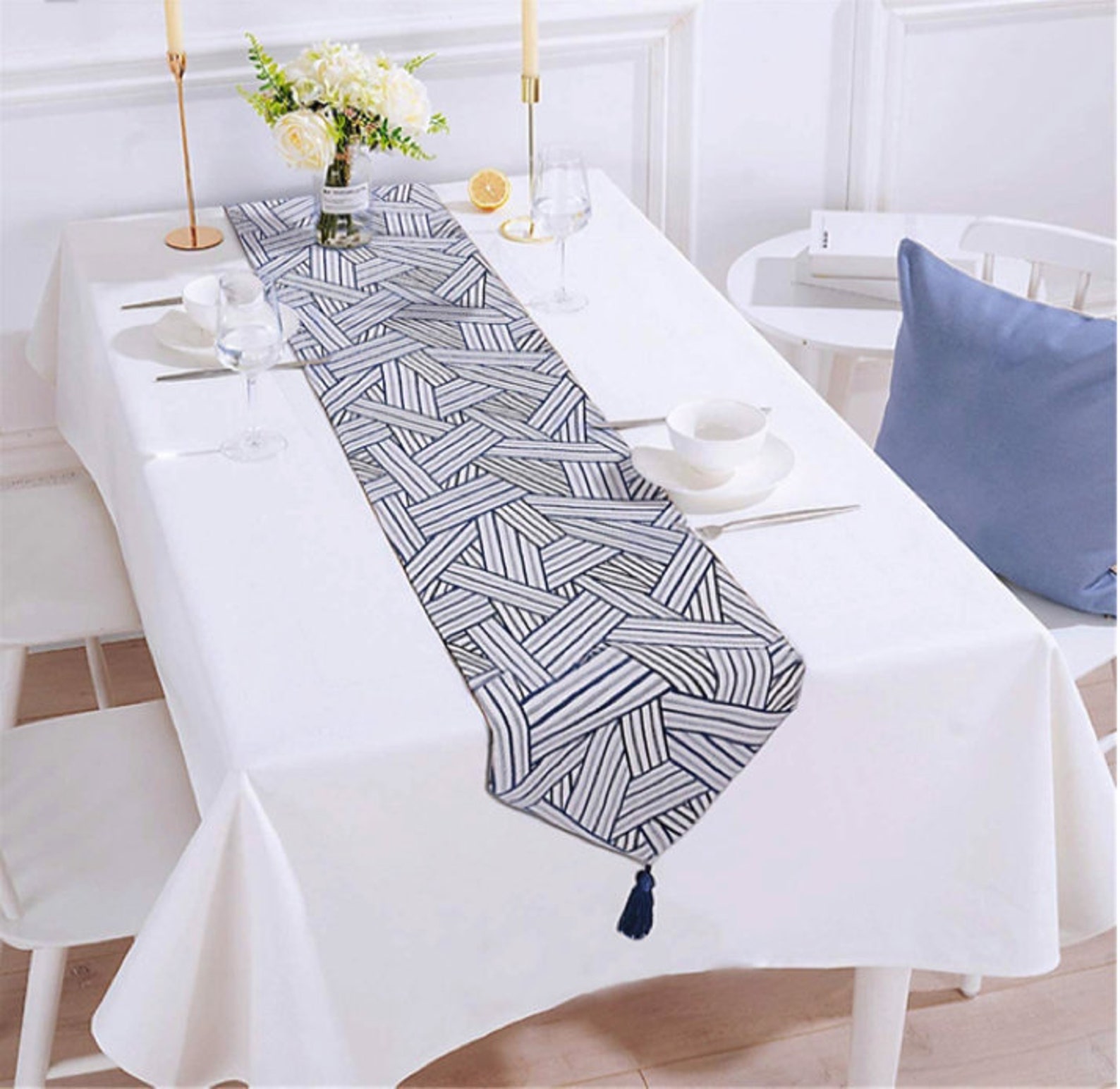 80 Table Runner Farmhouse Blue and White Geometric Etsy