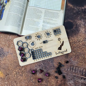 Dungeons and Dragons Wizard Class Board for Stats, and Abilities with dice slots. DnD, Tracker, Dice, rpg, Hand MADE IN USA!