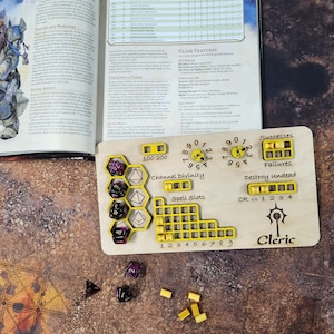 Dungeons and Dragons Cleric Class Board for Stats, and Abilities with dice slots. DnD, Tracker, Dice, rpg, Hand MADE IN USA!