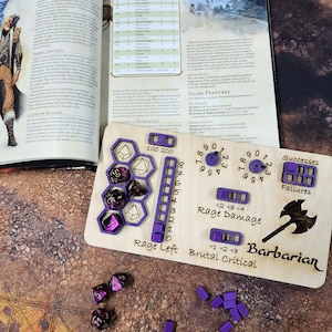 Dungeons and Dragons Barbarian Class Board for Stats, and Abilities with dice slots. DnD, Tracker, Dice, rpg, Hand MADE IN USA!