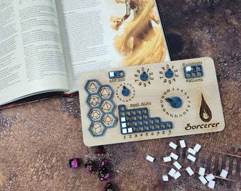 Dungeons and Dragons Sorcerer Class Board for Stats, and Abilities with dice slots. DnD, Tracker, Dice, rpg, Hand MADE IN USA!