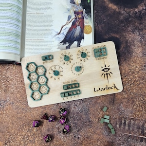 Dungeons and Dragons Warlock Class Board for Stats, and Abilities with dice slots. DnD, Tracker, Dice, rpg, Hand MADE IN USA!