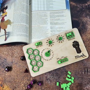 Dungeons and Dragons Monk Class Board for Stats, and Abilities with dice slots. DnD, Tracker, Dice, rpg, Hand MADE IN USA!