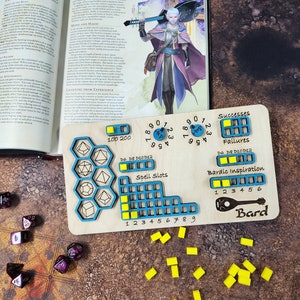 Dungeons and Dragons Bard Class Board for Stats, and Abilities with dice slots. DnD, Tracker, Dice, rpg, Hand MADE IN USA!