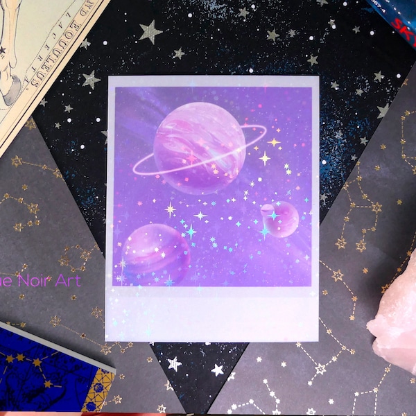 Holographic Polaroid Art Print: Pastel Planets | Aesthetic Mini Art Print | Dreamy Vibes | Holographic Art Print | Space Art Illustration