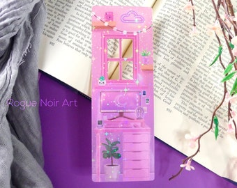 Marque-page Lofi Aesthetic Kawaii : chambre confortable rose | Ambiance rêveuse | Marque-page unique fait à la main | Cadeau de fille de joueur