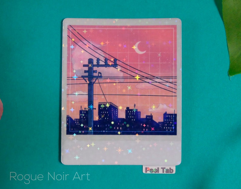 Holographic Lofi City Sticker: Peach Pink Retro Anime Vinyl zdjęcie 7