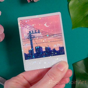 Holographic Lofi City Sticker: Peach Pink Retro Anime Vinyl zdjęcie 3