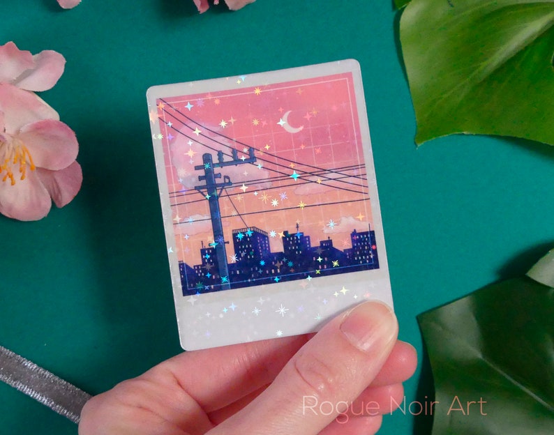 Holographic Lofi City Sticker: Peach Pink Retro Anime Vinyl zdjęcie 3