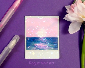 Pegatina holográfica del océano: Lofi Beach / Pegatinas Polaroid / Estética rosa pastel / Para planificadores Botellas de agua Computadoras portátiles / Vibraciones de ensueño