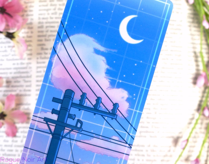 May include: A blue and pink aesthetic illustration of a power line pole with a crescent moon and stars in the sky. The background is a grid pattern.