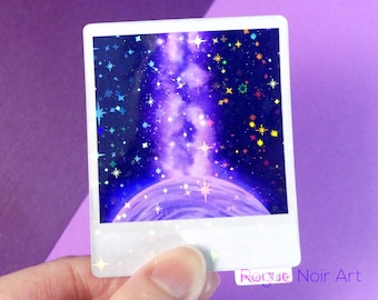 Holographic Galaxy Sticker: Purple Planet Polaroid Vinyl Sticker