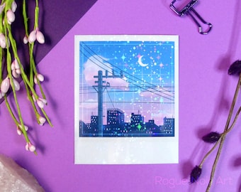 Holographic Polaroid Art Print: Lofi City Aesthetic Mini Art