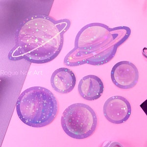 Holographic Space Stickers: Purple Planets 8pcs | Aesthetic Stickers | For Laptops, Water Bottles, Planners | Stickers for Space Lovers