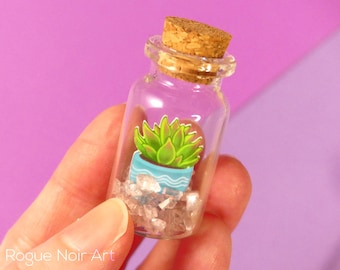 May include: A small glass jar with a cork lid contains a miniature succulent plant in a blue pot with white wavy lines. The jar is filled with clear, sparkly crystals.