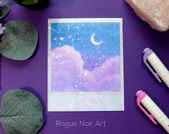 Holographic Polaroid Art Print: Aesthetic Clouds | Lofi Mini Art Print | Dreamy Vibes | Holographic Art Print | Cloud Illustration Art Print