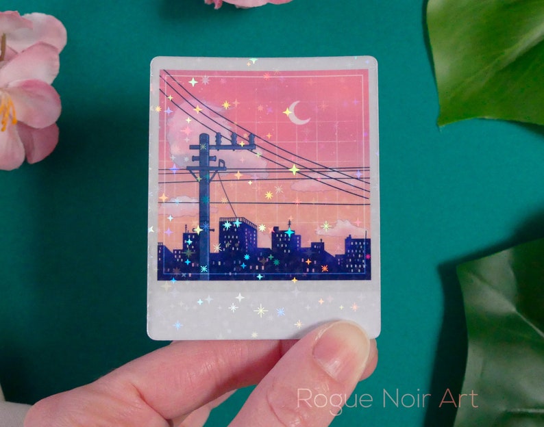 Holographic Lofi City Sticker: Peach Pink Retro Anime Vinyl zdjęcie 1