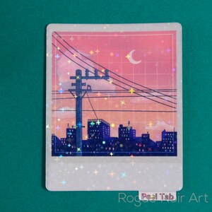 Holographic Lofi City Sticker: Peach Pink Retro Anime Vinyl zdjęcie 9