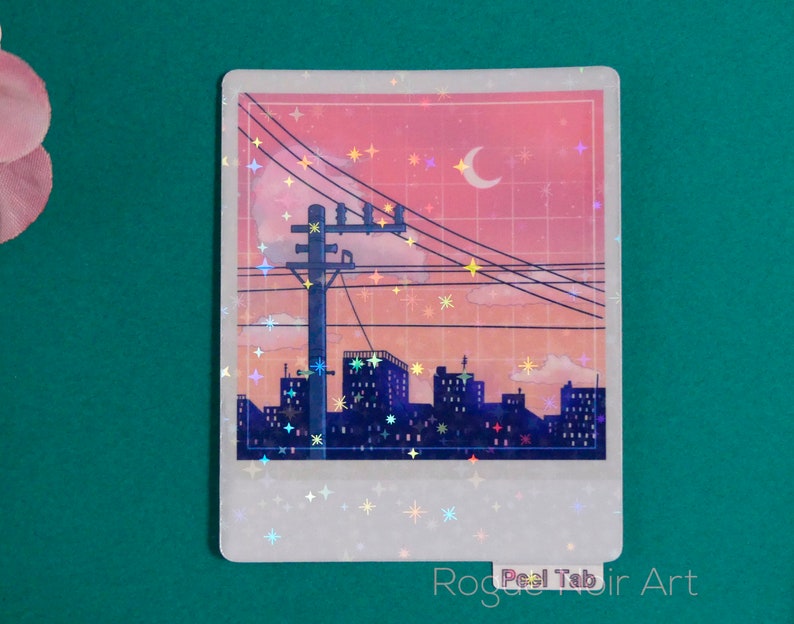 Holographic Lofi City Sticker: Peach Pink Retro Anime Vinyl zdjęcie 9