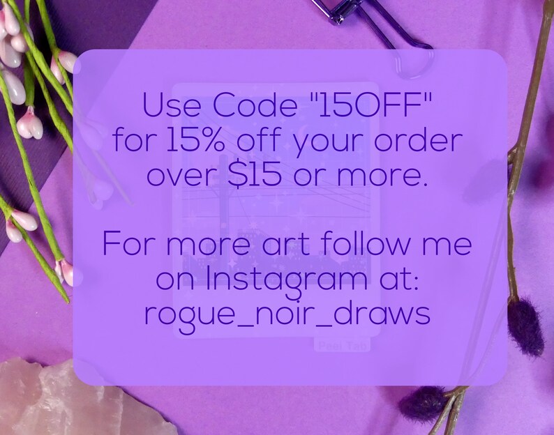 Puede incluir: Fondo morado con texto que dice "Usa el c&oacute;digo "150FF" para obtener un 15% de descuento en tu pedido de m&aacute;s de 15 &euro;. Para ver m&aacute;s arte, s&iacute;gueme en Instagram: rogue_noir_draws"