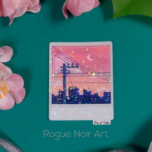 Holographic Lofi City Sticker: Peach Pink Retro Anime Vinyl zdjęcie 2